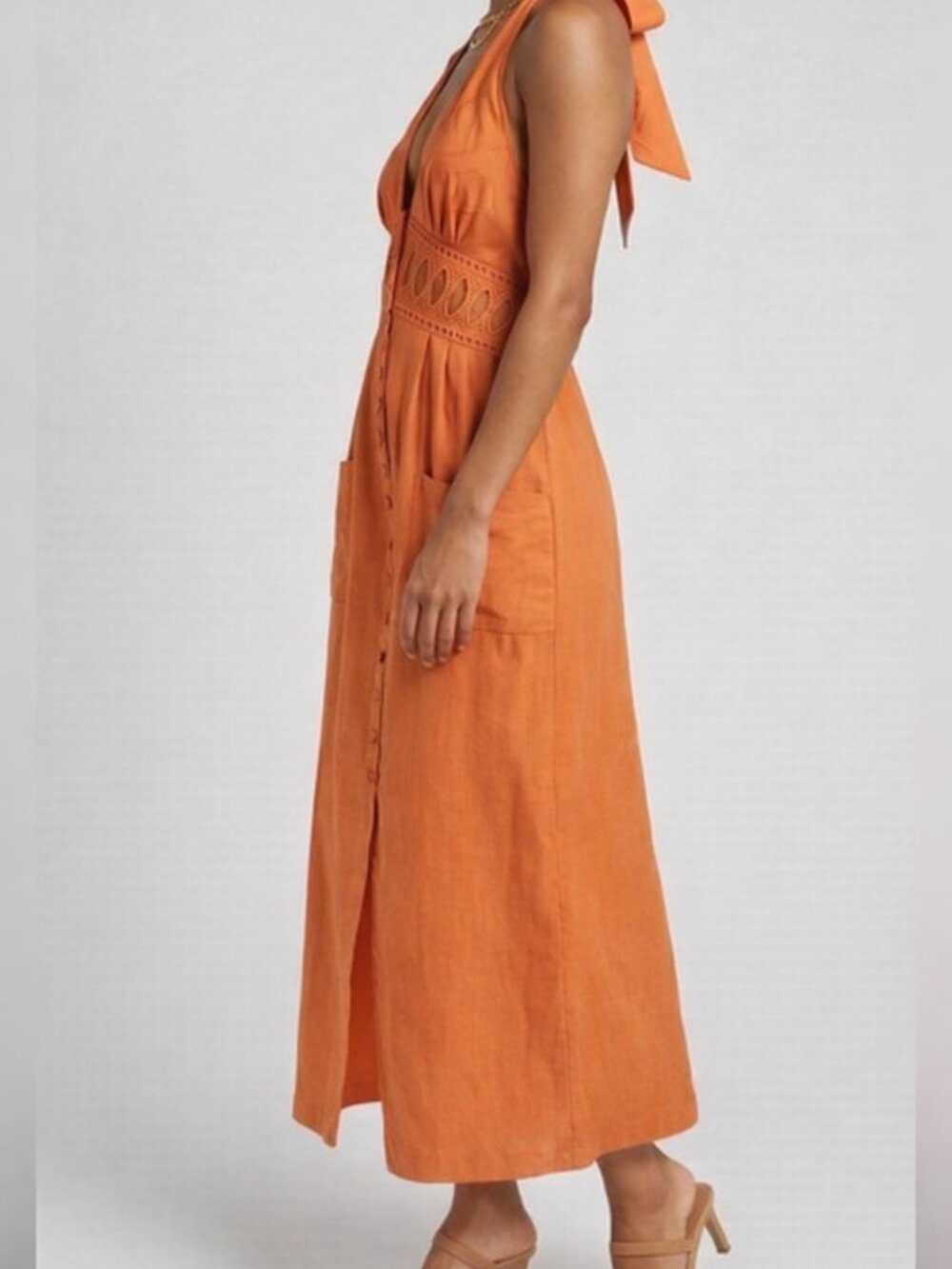 Catherine Malandrino Orange Eyelet Halter Maxi Dress 8 Cotton Button Front Boho